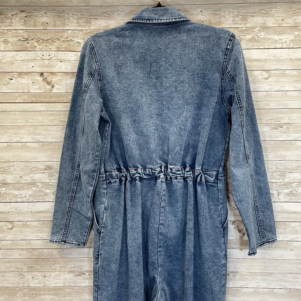 Wild Fable Womens S Jumpsuit Denim‎ Long Sleeve Medium Wash Pockets Zip Cargo